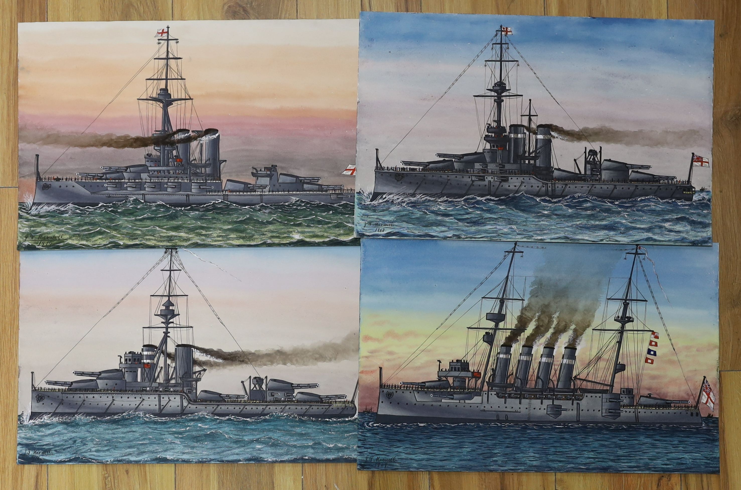 James Scott Maxwell (1845-1922), four watercolours, Studies of battleships, signed and dated 1909-1916, 29 x 46cm, unframed